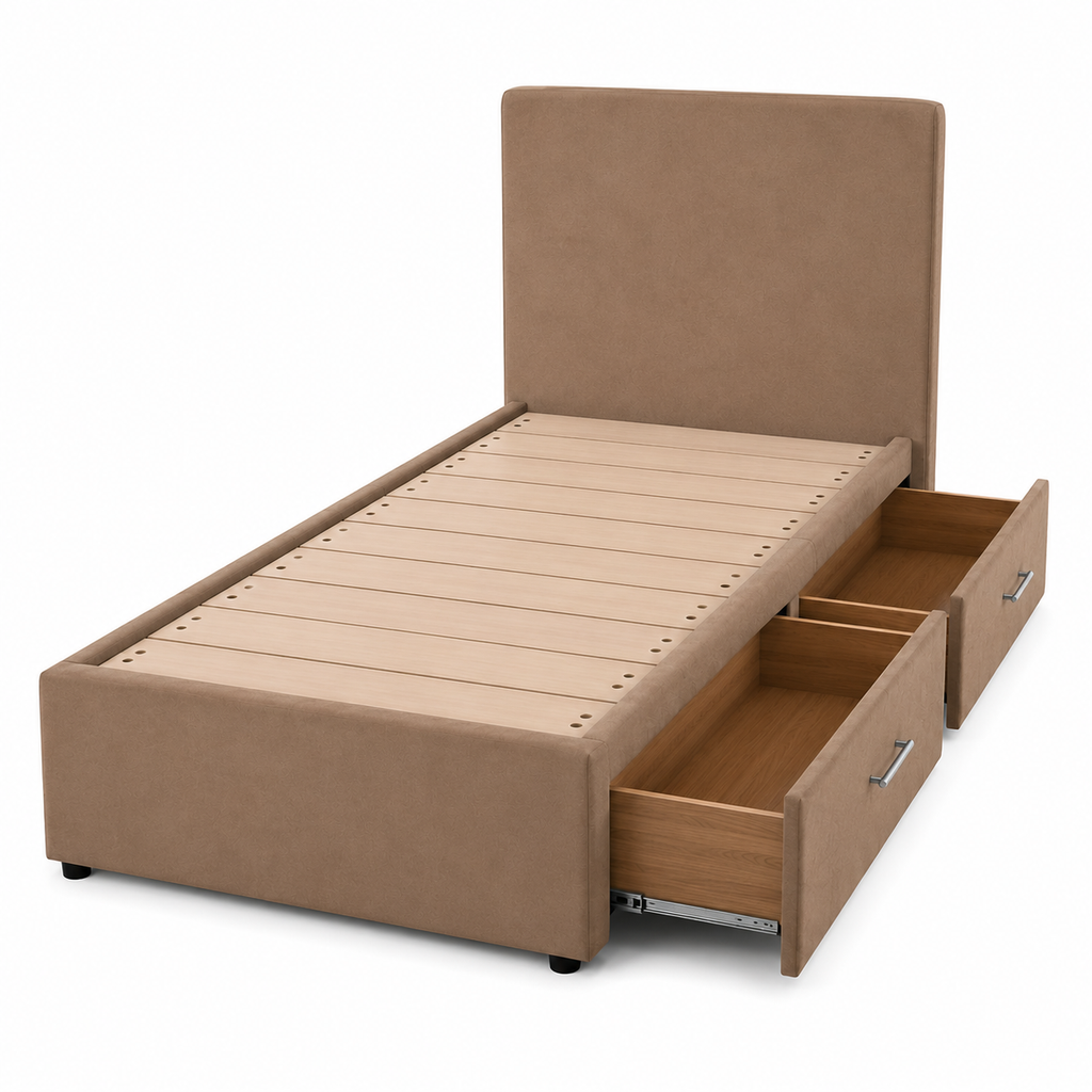 Tan Upholstered Storage Platform Bed