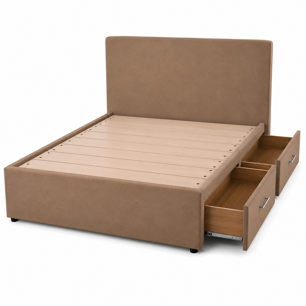 Tan Upholstered Storage Platform Bed