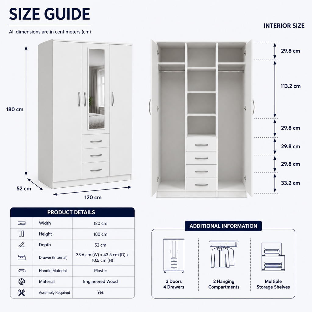 Modern 3 Door Wooden Wardrobe
