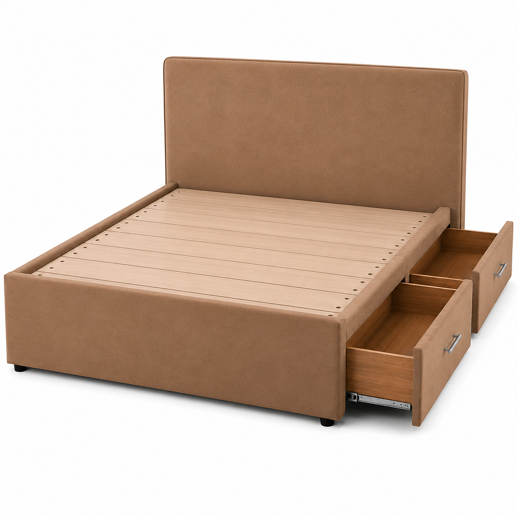 Tan Upholstered Storage Platform Bed