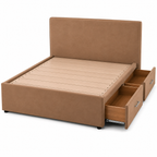 Tan Upholstered Storage Platform Bed