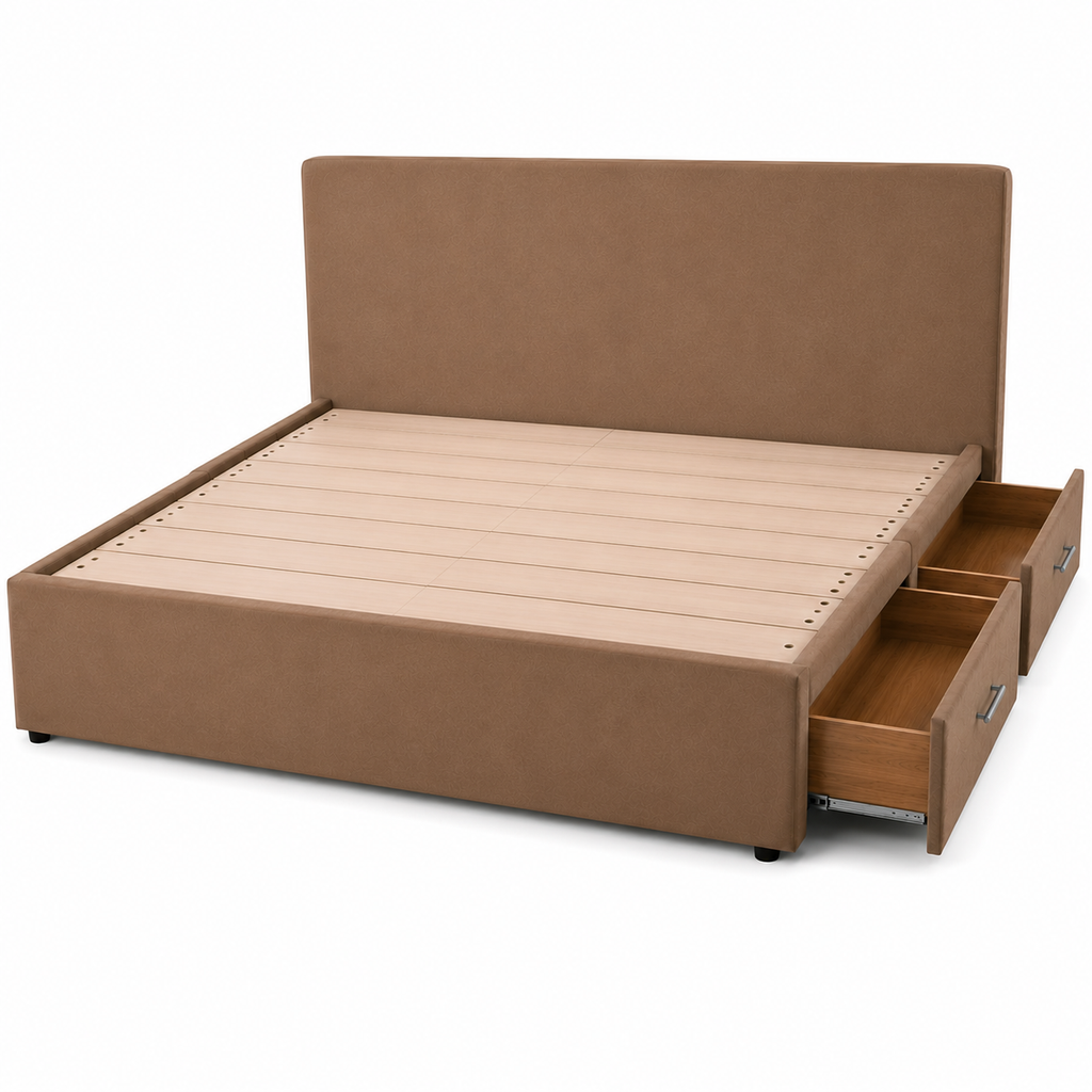 Tan Upholstered Storage Platform Bed