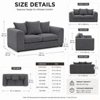 Gray sofa with dimensions and size details on a white background