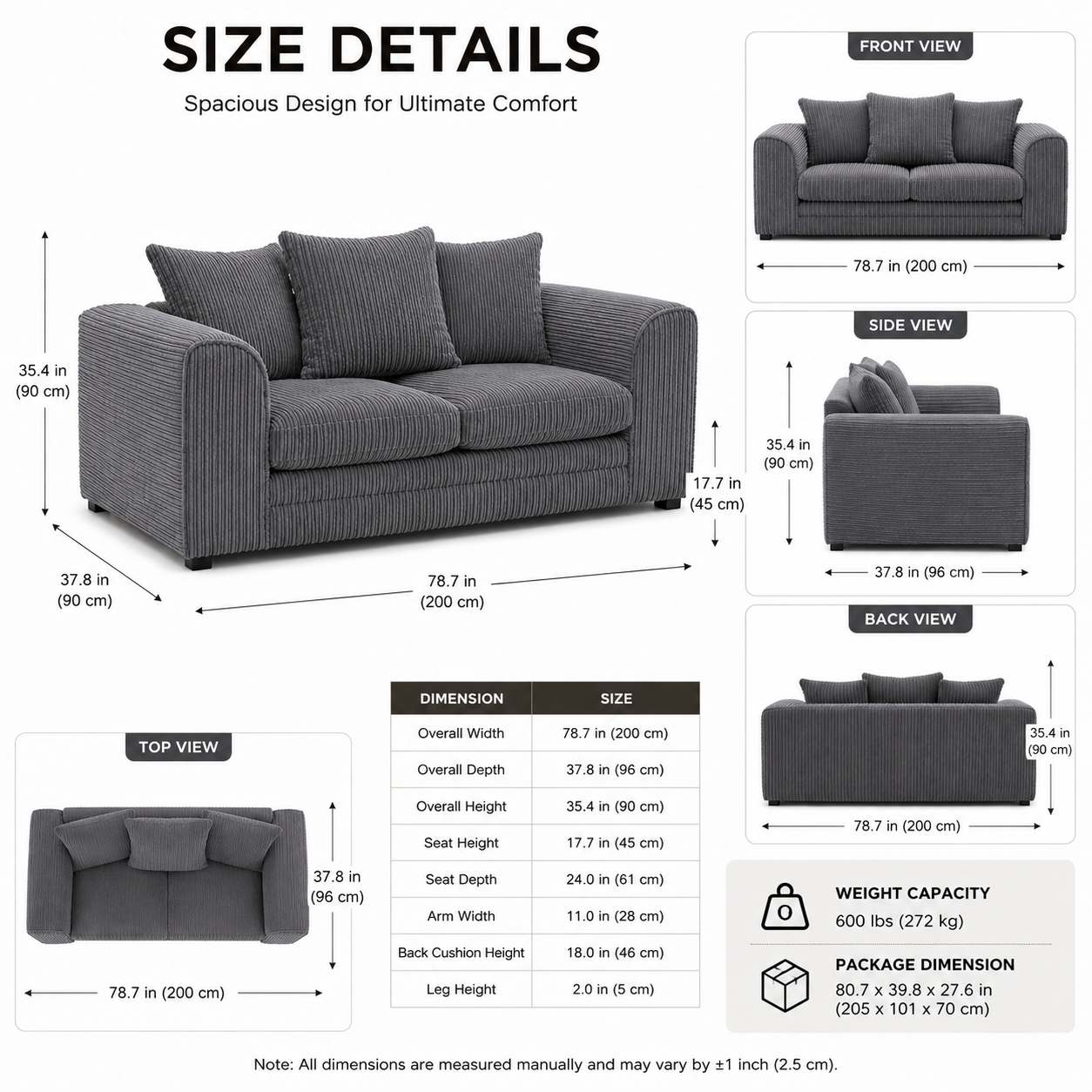 Gray sofa with dimensions and size details on a white background
