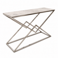 Modern console table with marble top and geometric metal frame on a white background