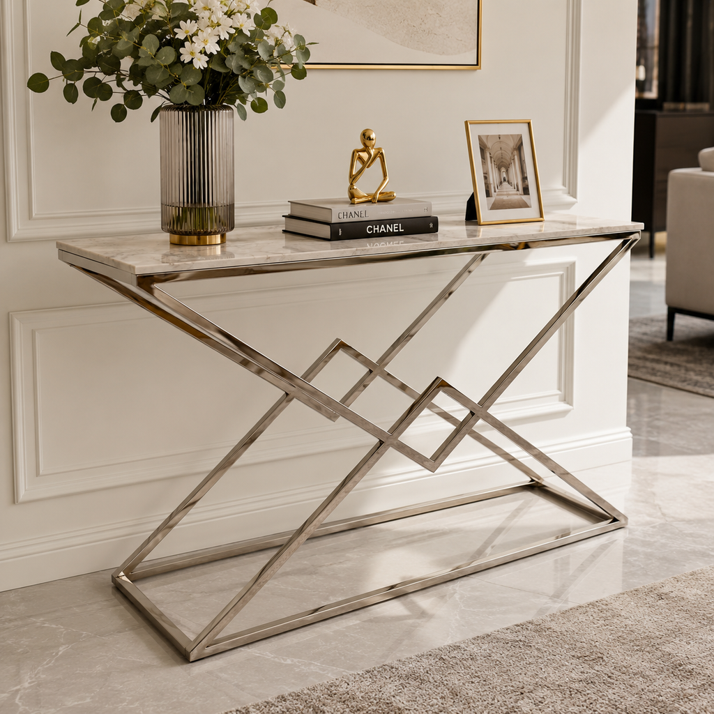Marble Console Table With Geometric Chrome Base