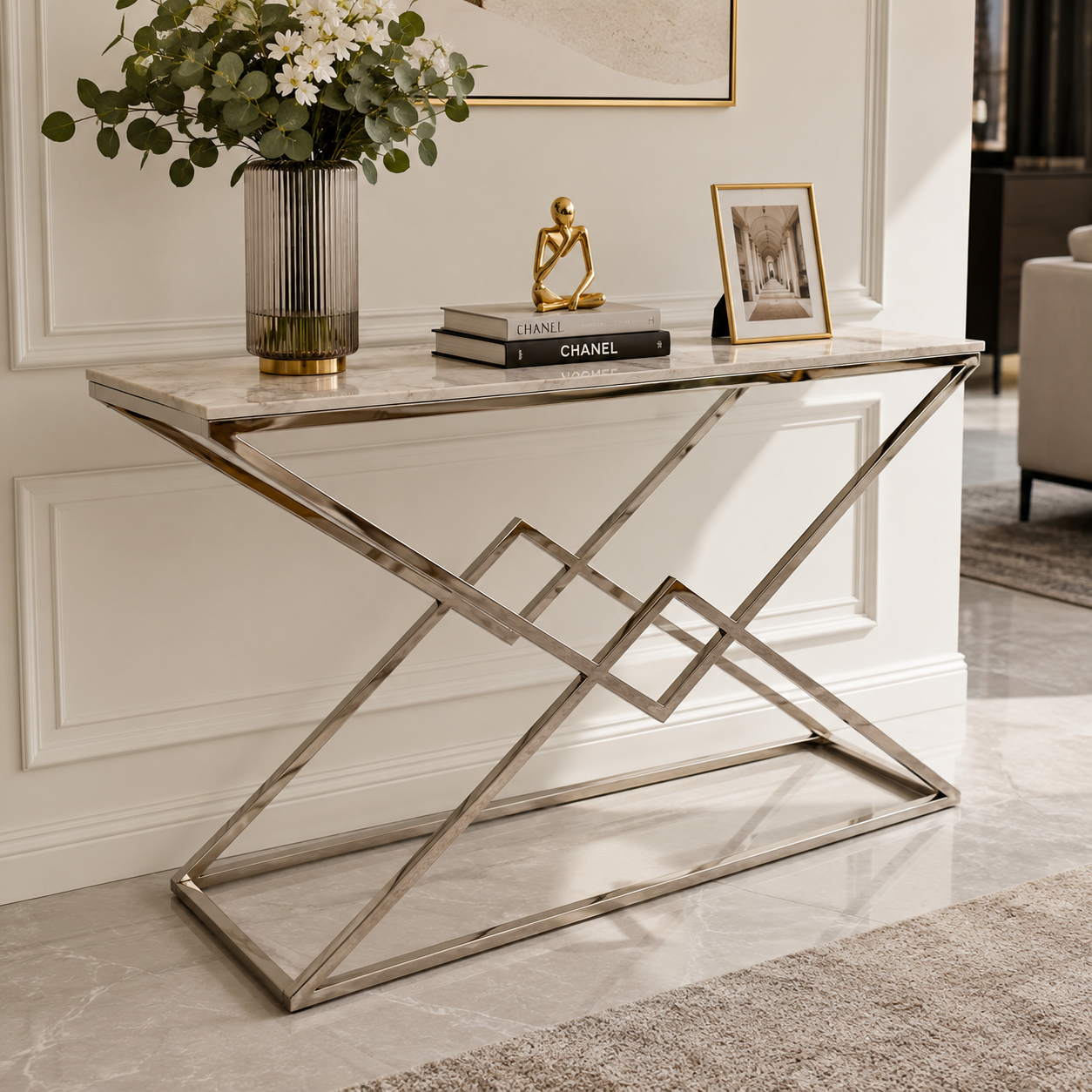 Marble Effect Console Table With Geometric Chrome Base