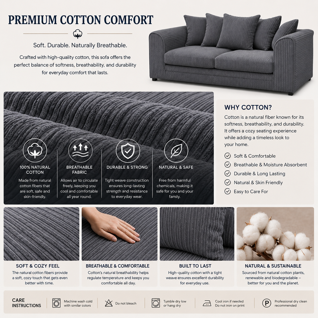 Grey Corduroy 3 Seater Sofa with Plush Cushions