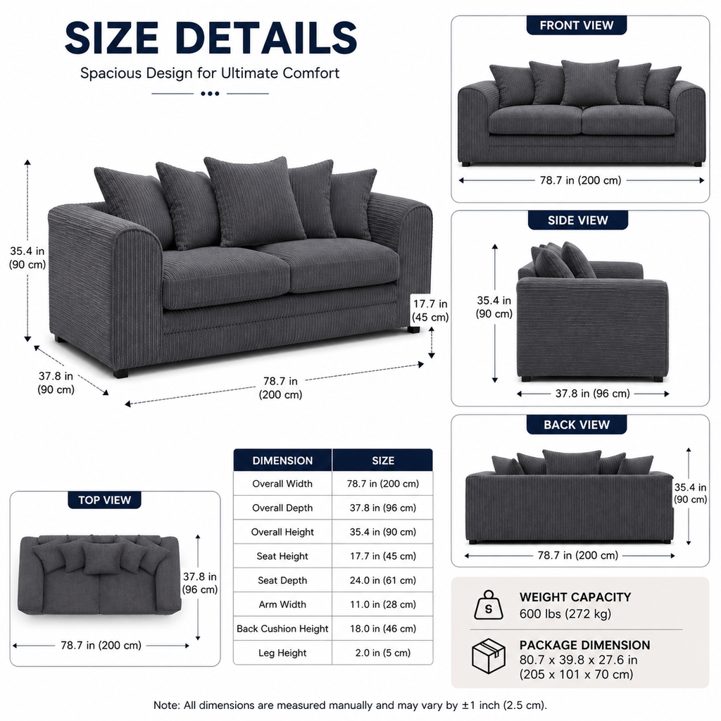 Gray sofa with detailed measurements and views on a white background