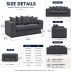 Gray sofa with detailed measurements and views on a white background