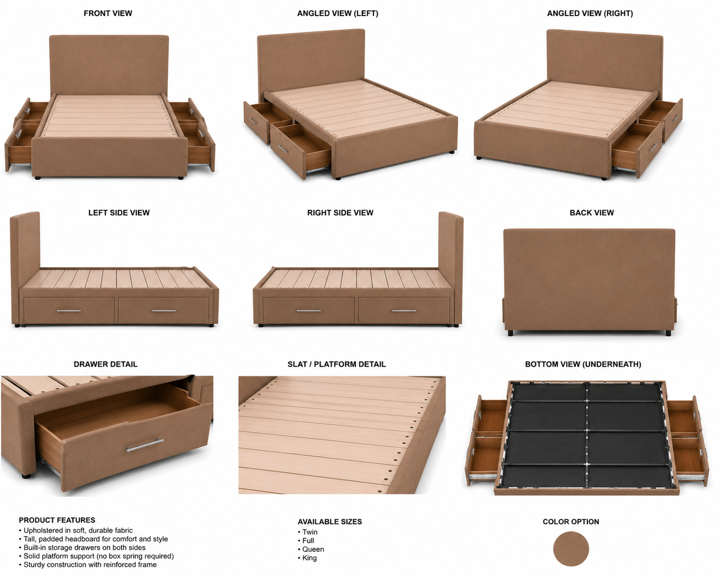 Tan Upholstered Storage Platform Bed