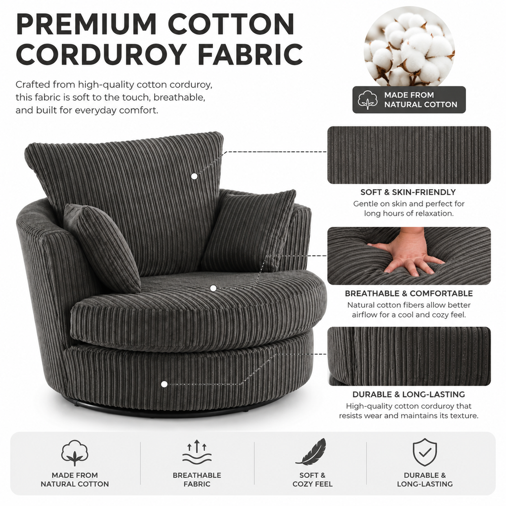 Modern Corduroy Swivel Accent Chair With Cushions