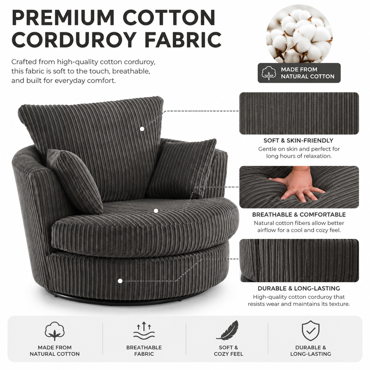 Modern Corduroy Swivel Accent Chair With Cushions