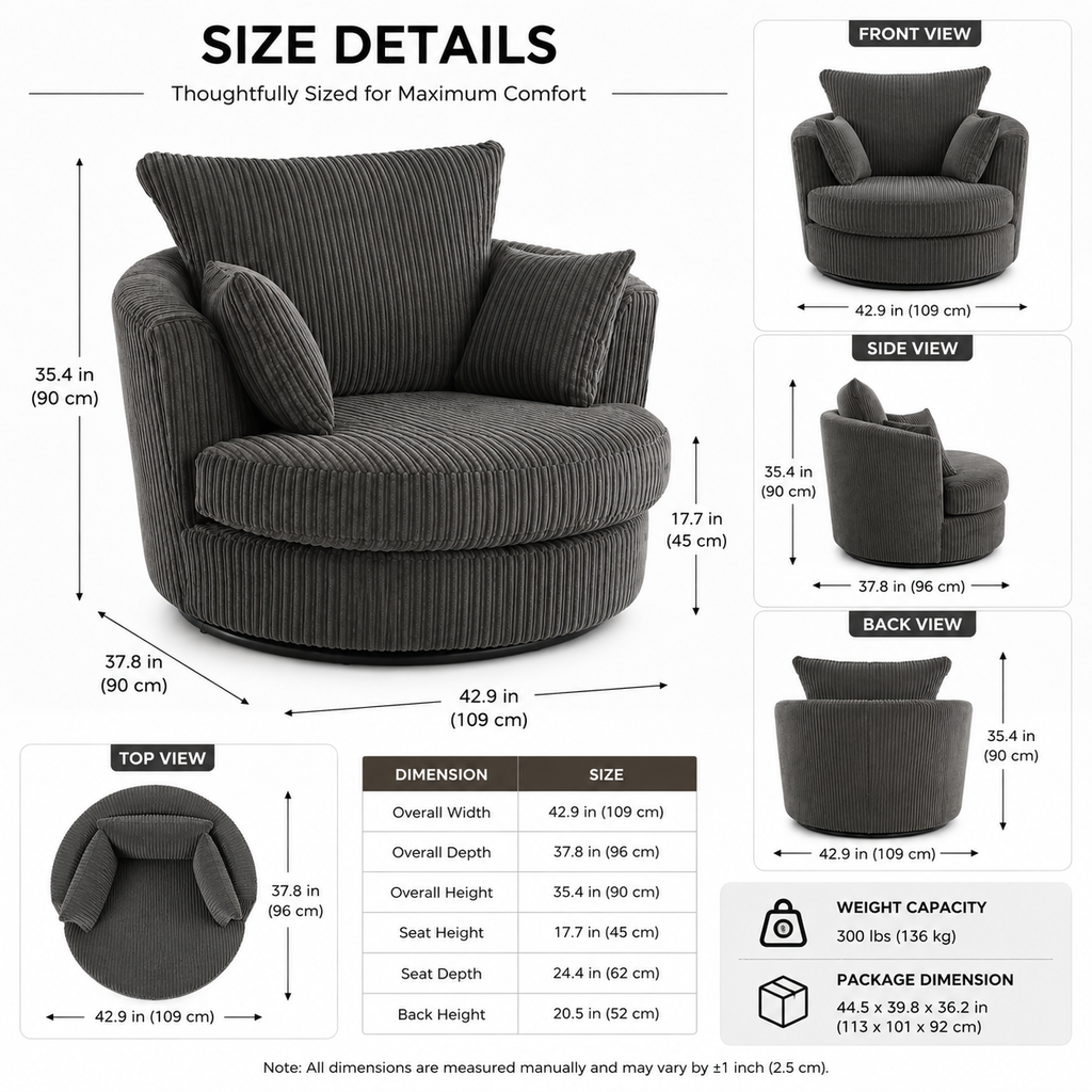 Modern Corduroy Swivel Accent Chair With Cushions
