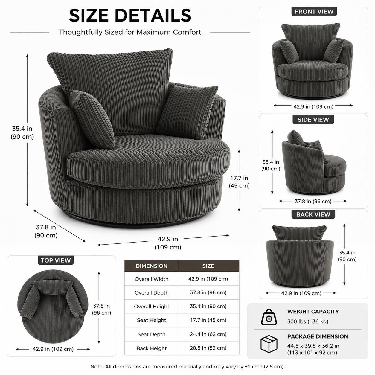 Modern Corduroy Swivel Accent Chair With Cushions