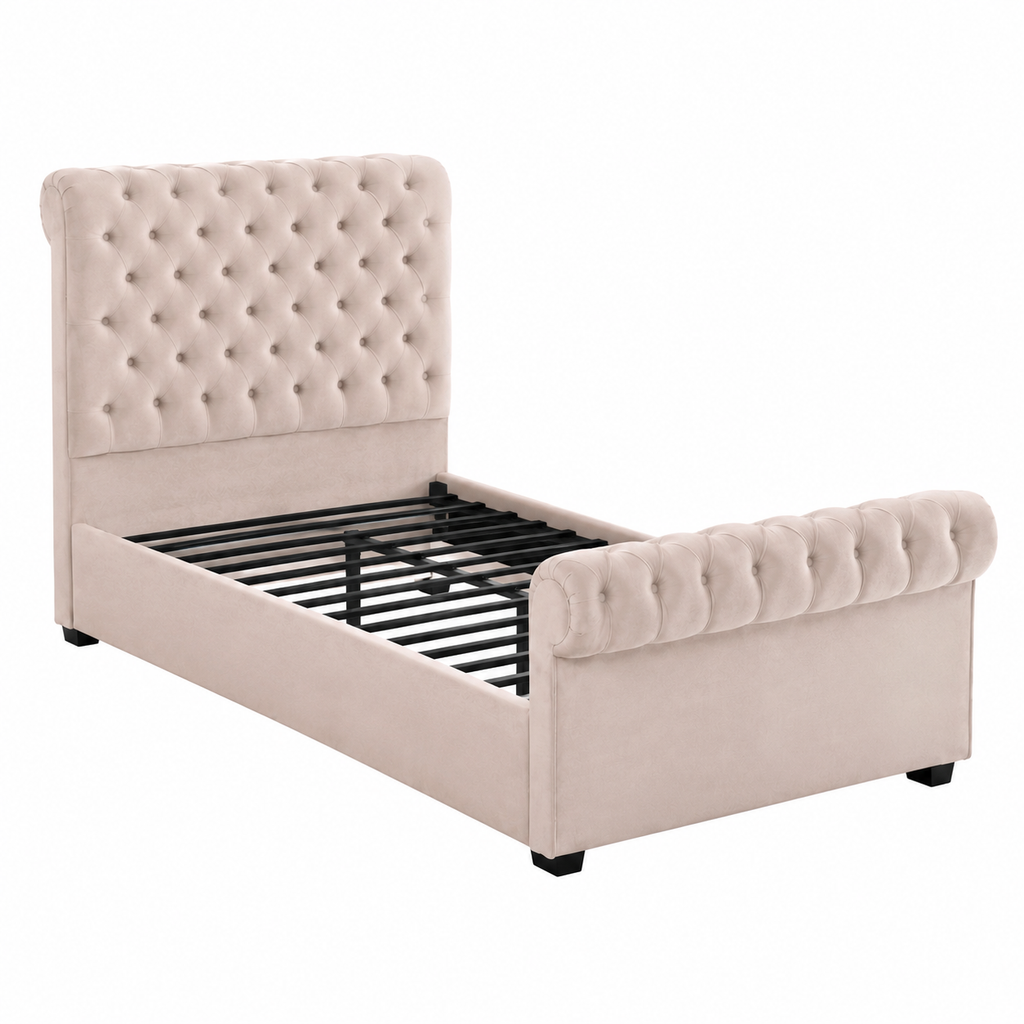 Cream Velvet Rolled Footboard Platform Bed