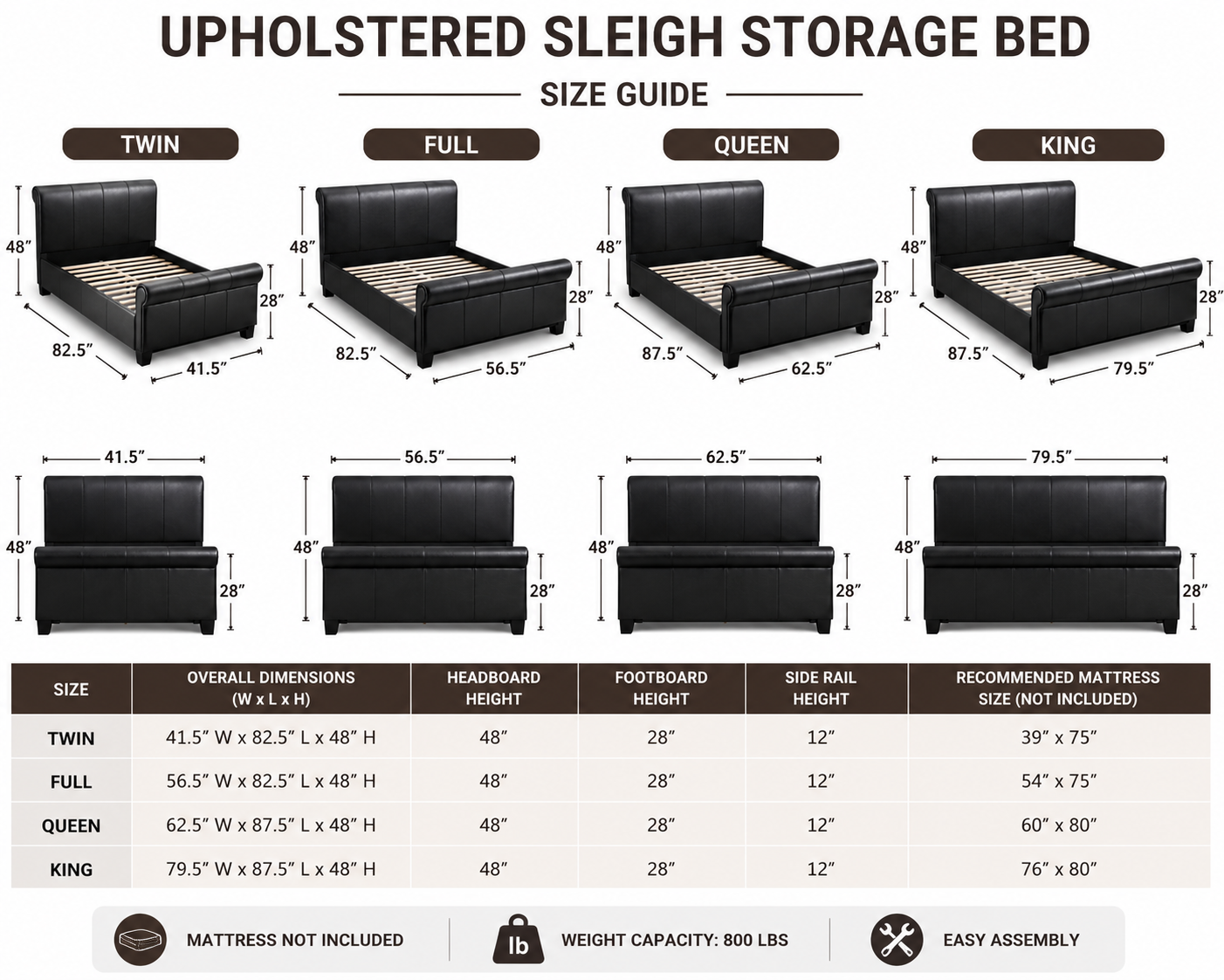 Black Upholstered Sleigh Bed Frame