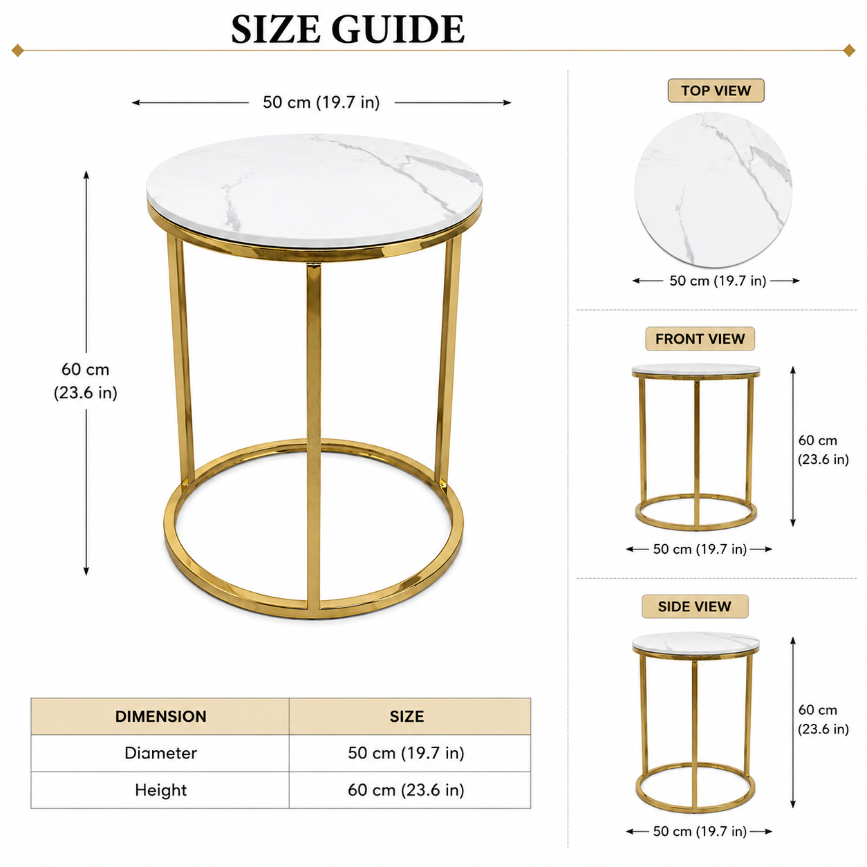 Round End Table With Marble Effect Top and Gold Frame